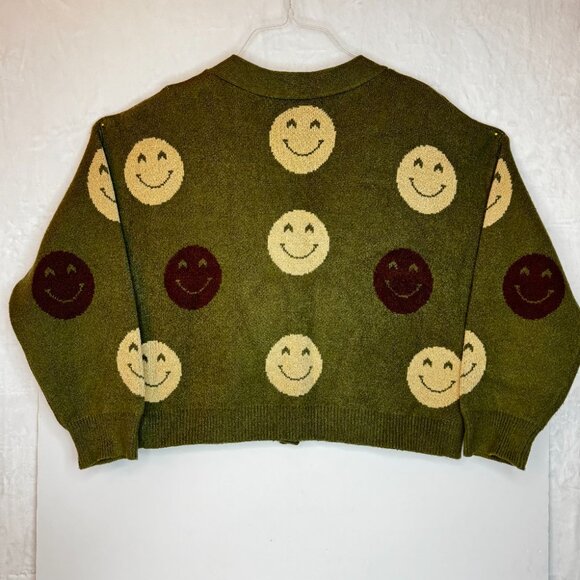 Forever 21 Women's Loose Fit Cardigan Size S Smiley Face Green Tan Jacquard Knit - Picture 5 of 8